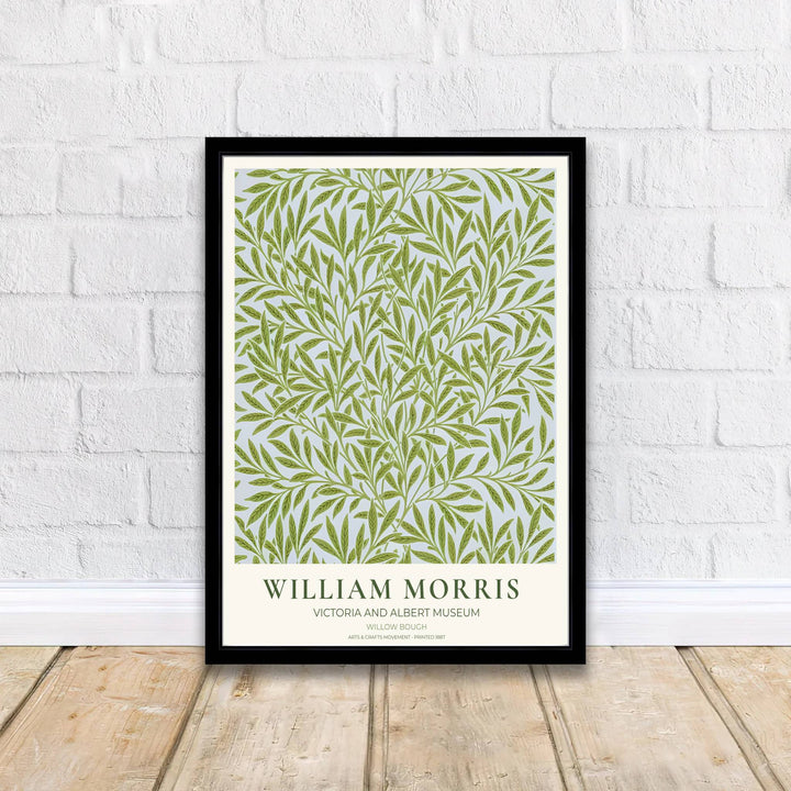 Elegant Victoria and Albert Museum in London exhibition poster of William Morris Willow Bough green leaf design. Order custom framed, unframed paper, or textured canvas print options from MapYourDreams.