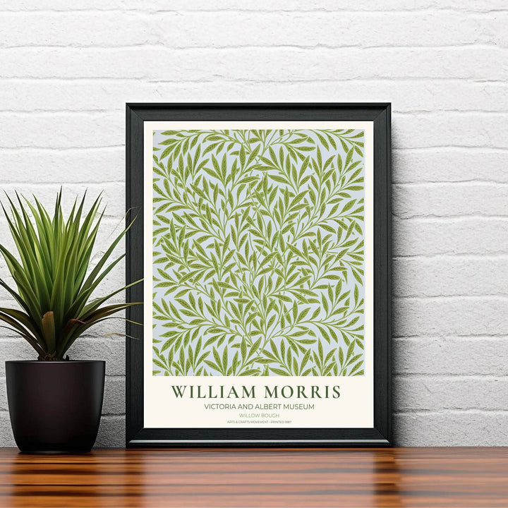 Fresh green foliage William Morris Willow Bough botanical print with cream exhibition border text citing London’s Victoria and Albert Museum. MapYourDreams offers versatile framed, unframed, and canvas print formats.