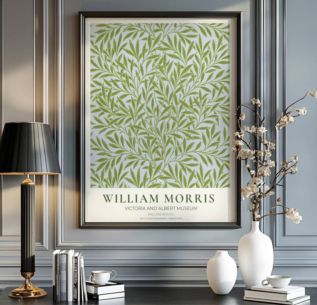 Vintage green botanical wallpaper style in this William Morris Willow Bough exhibition poster print from London’s Victoria and Albert Museum. Explore ready-to-hang framed, unframed paper, and gallery canvas wall decor options at MapYourDreams.