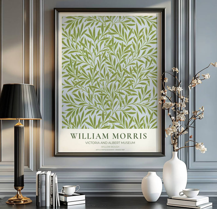 Vintage green botanical wallpaper style in this William Morris Willow Bough exhibition poster print from London’s Victoria and Albert Museum. Explore ready-to-hang framed, unframed paper, and gallery canvas wall decor options at MapYourDreams.