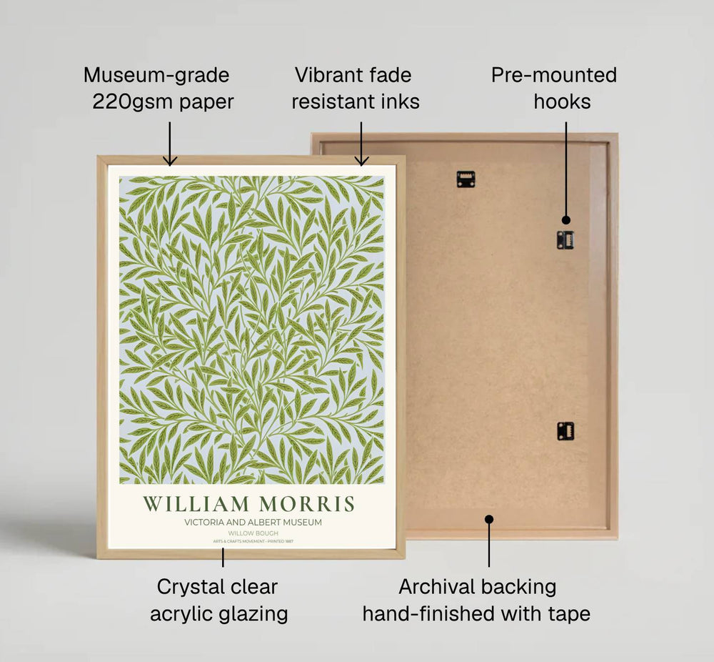 Vintage Arts and Crafts Movement Willow Bough green leaf art print referencing London’s Victoria and Albert Museum archives. Available framed, unframed paper, or on canvas at MapYourDreams.