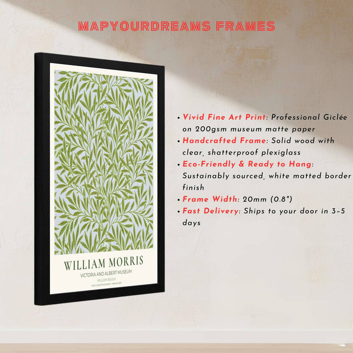 Historic 1887 British botanical print featuring William Morris Willow Bough leaf design and museum typography referencing London’s Victoria and Albert Museum. Select premium framed, unframed, and canvas options at MapYourDreams.