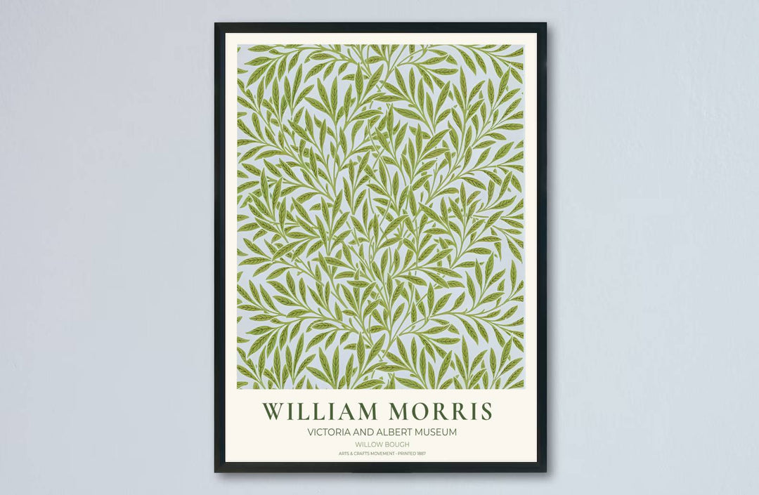 Elegant Victoria and Albert Museum in London vintage exhibition poster featuring William Morris Willow Bough green leaf artwork. MapYourDreams features framed, unframed, and canvas options for dining room decor.