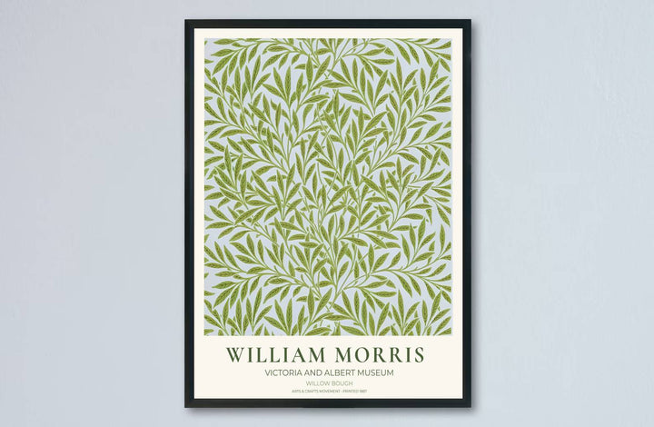 Elegant Victoria and Albert Museum in London vintage exhibition poster featuring William Morris Willow Bough green leaf artwork. MapYourDreams features framed, unframed, and canvas options for dining room decor.