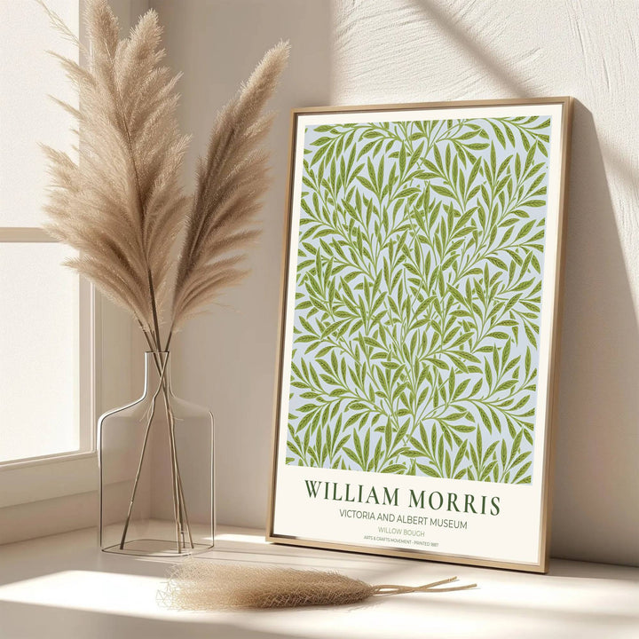 High-definition Victoria and Albert Museum print of William Morris Willow Bough green leaf artwork from London. Order custom framed, unframed, and canvas options at MapYourDreams for an elegant vintage accent.