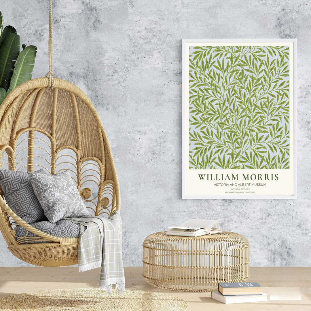 Beautiful Arts and Crafts Movement print featuring William Morris Willow Bough botanical design from the Victoria and Albert Museum in London. MapYourDreams offers versatile framed, unframed, and canvas options.