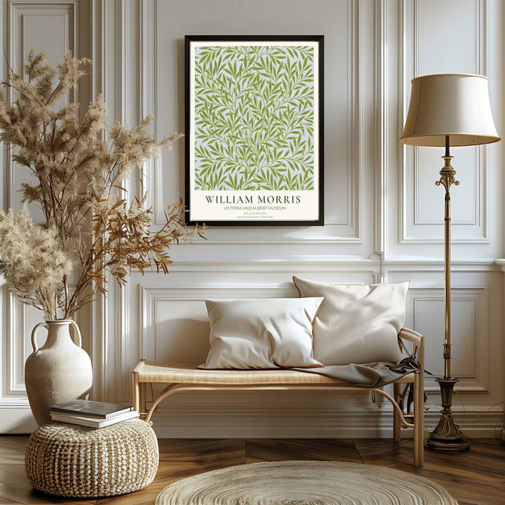 Refined William Morris Willow Bough exhibition wall poster displaying leafy vines from the Victoria and Albert Museum in London. Available as unframed fine art paper, custom framed, or gallery canvas at MapYourDreams.