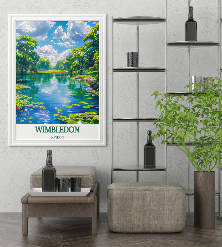 London travel poster featuring Wimbledon Common, a serene green space in Southwest London, perfect for adding a touch of nature to any room.