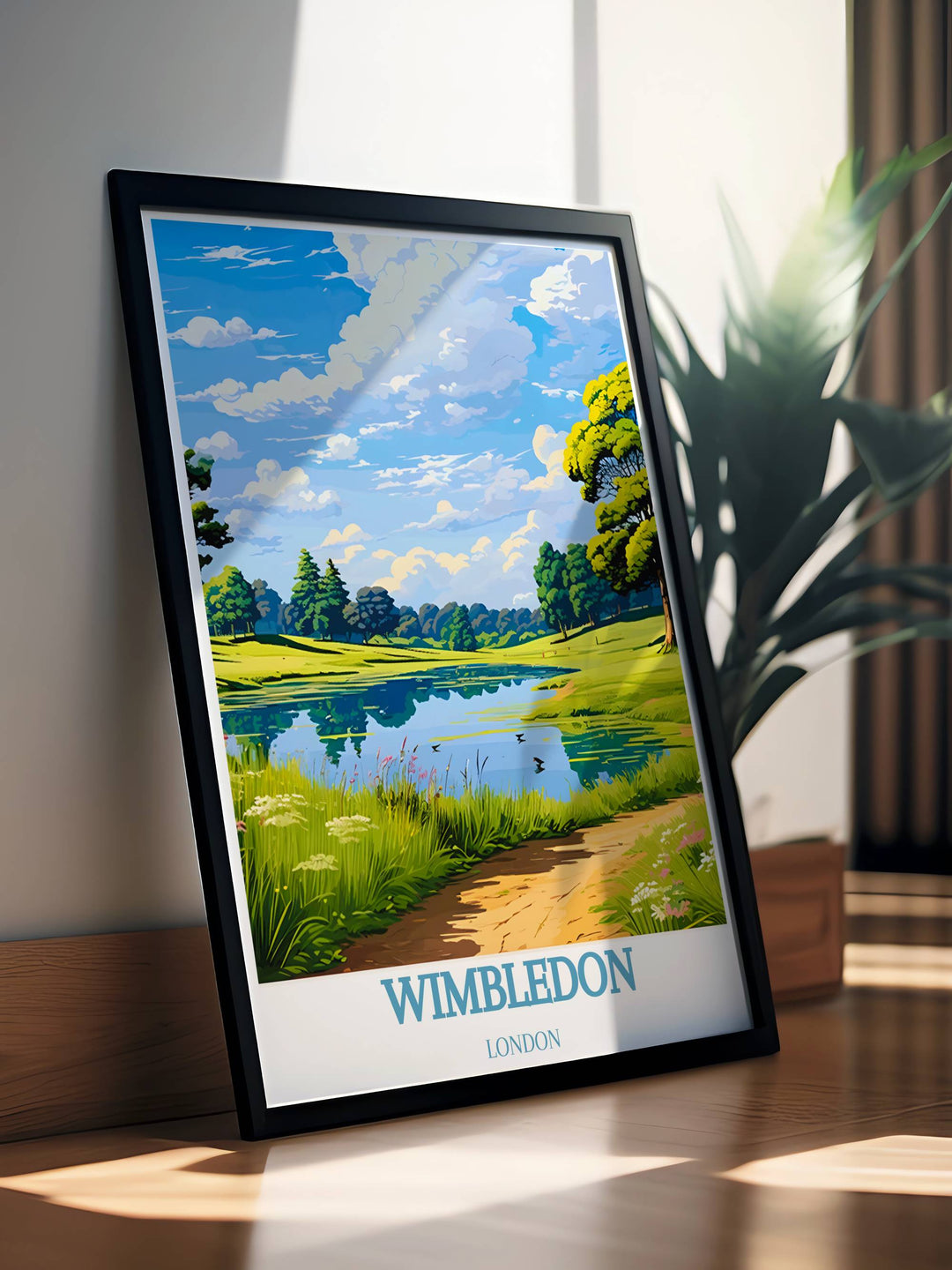 Beautifully detailed poster of Wimbledon Common, ideal for art collectors, highlighting the picturesque landscapes and iconic landmarks of this green haven.