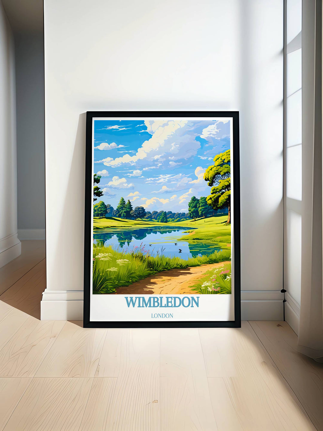 Stunning view of Wimbledon Common with its lush greenery and tranquil paths, capturing the serene beauty of this iconic London location in vibrant detail.