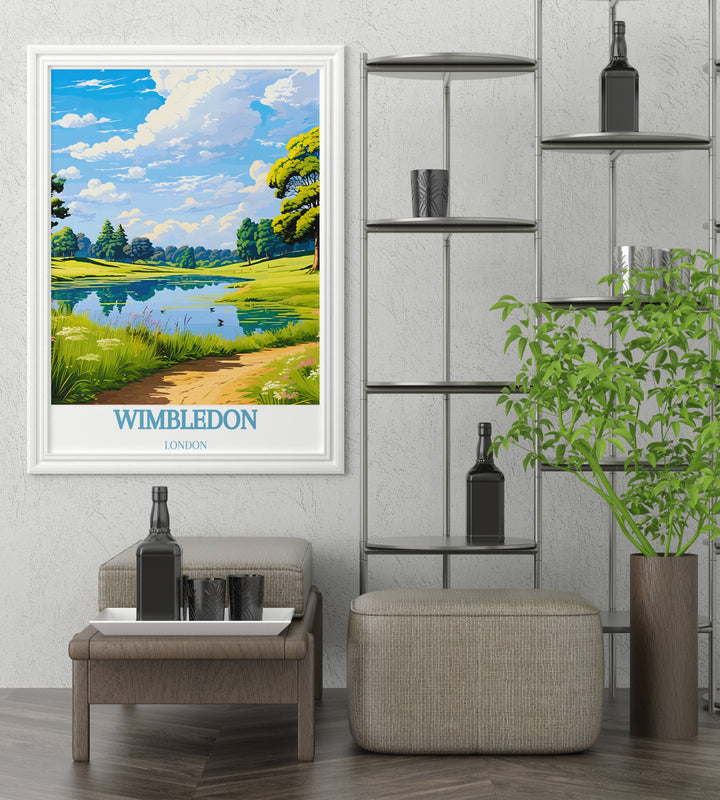London travel poster featuring Wimbledon Common, a serene green space in Southwest London, perfect for adding a touch of nature to any room.
