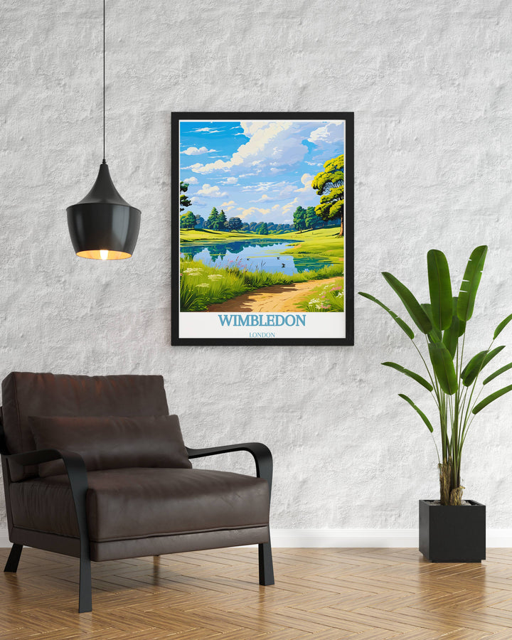 High quality print of Wimbledon Common, depicting the expansive meadows and historic Wimbledon Windmill, offering a glimpse into Londons natural charm.