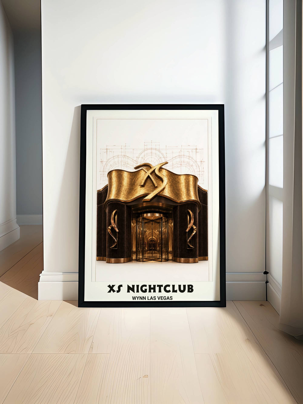 Architectural art print of the XS Las Vegas entrance featuring iconic 24k gold curves and detailed technical drafting blueprints.