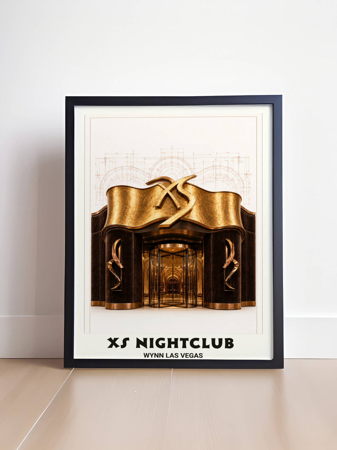 A sophisticated design gift for luxury travel enthusiasts, showcasing the sculptural gold entrance of the XS nightclub.