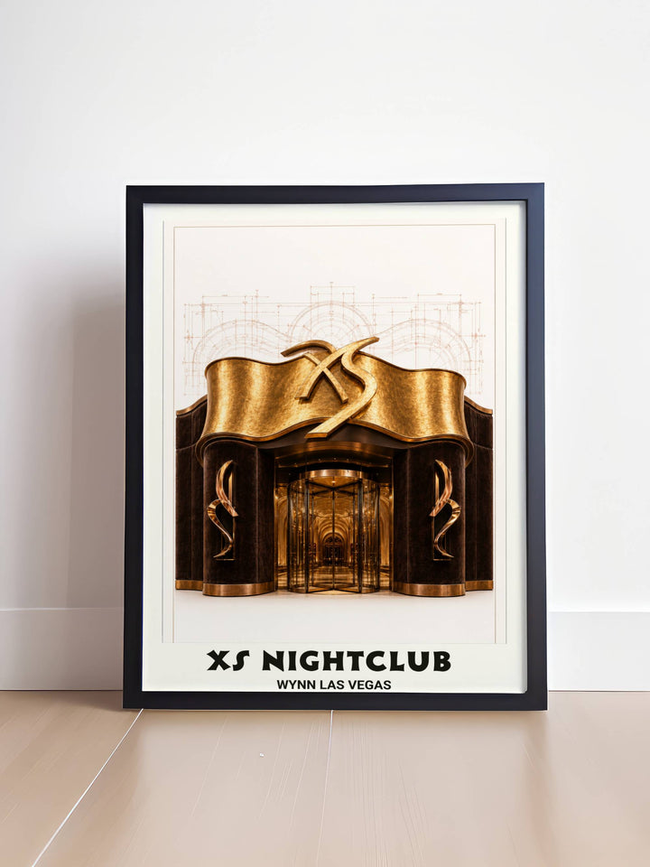 A sophisticated design gift for luxury travel enthusiasts, showcasing the sculptural gold entrance of the XS nightclub.