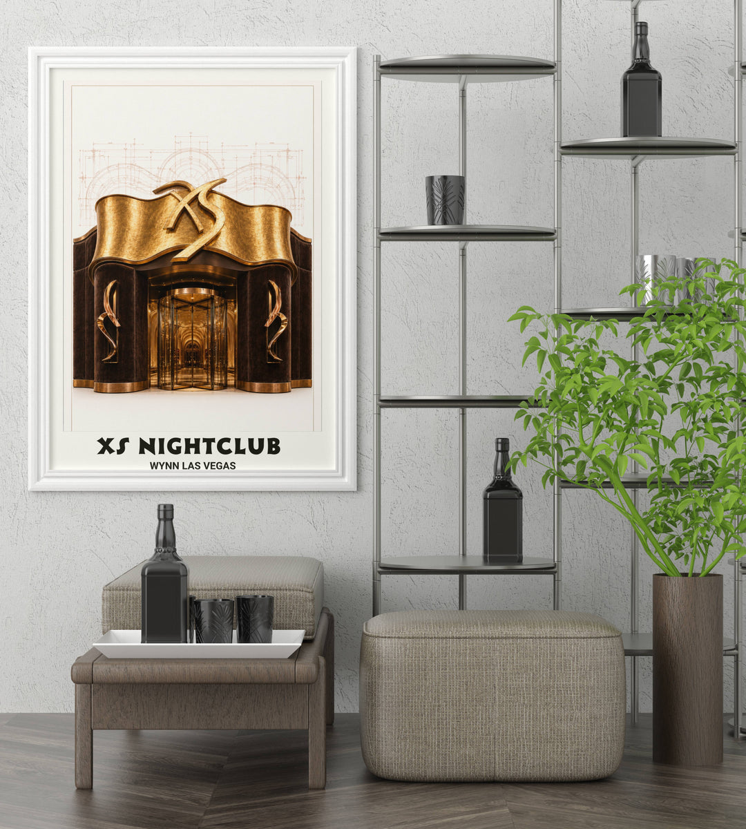 High-end nightclub wall art capturing the symmetrical front facade and golden architecture of XS at Wynn Las Vegas.