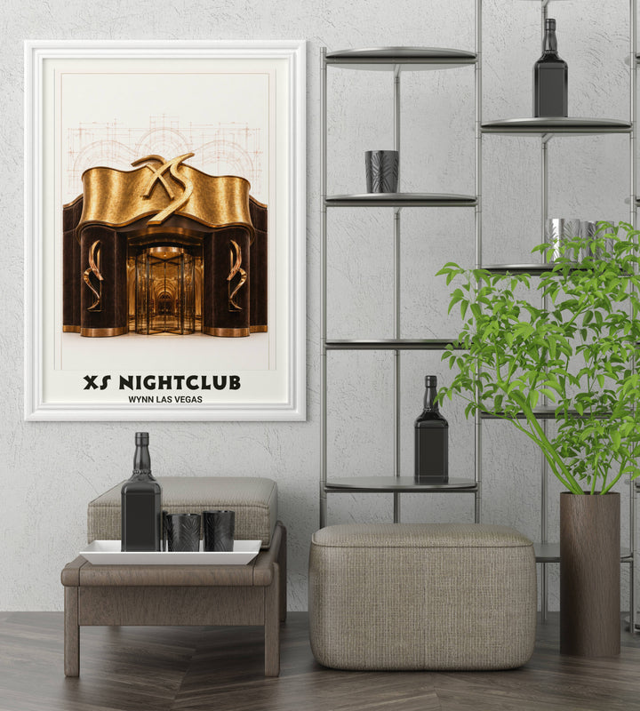 High-end nightclub wall art capturing the symmetrical front facade and golden architecture of XS at Wynn Las Vegas.