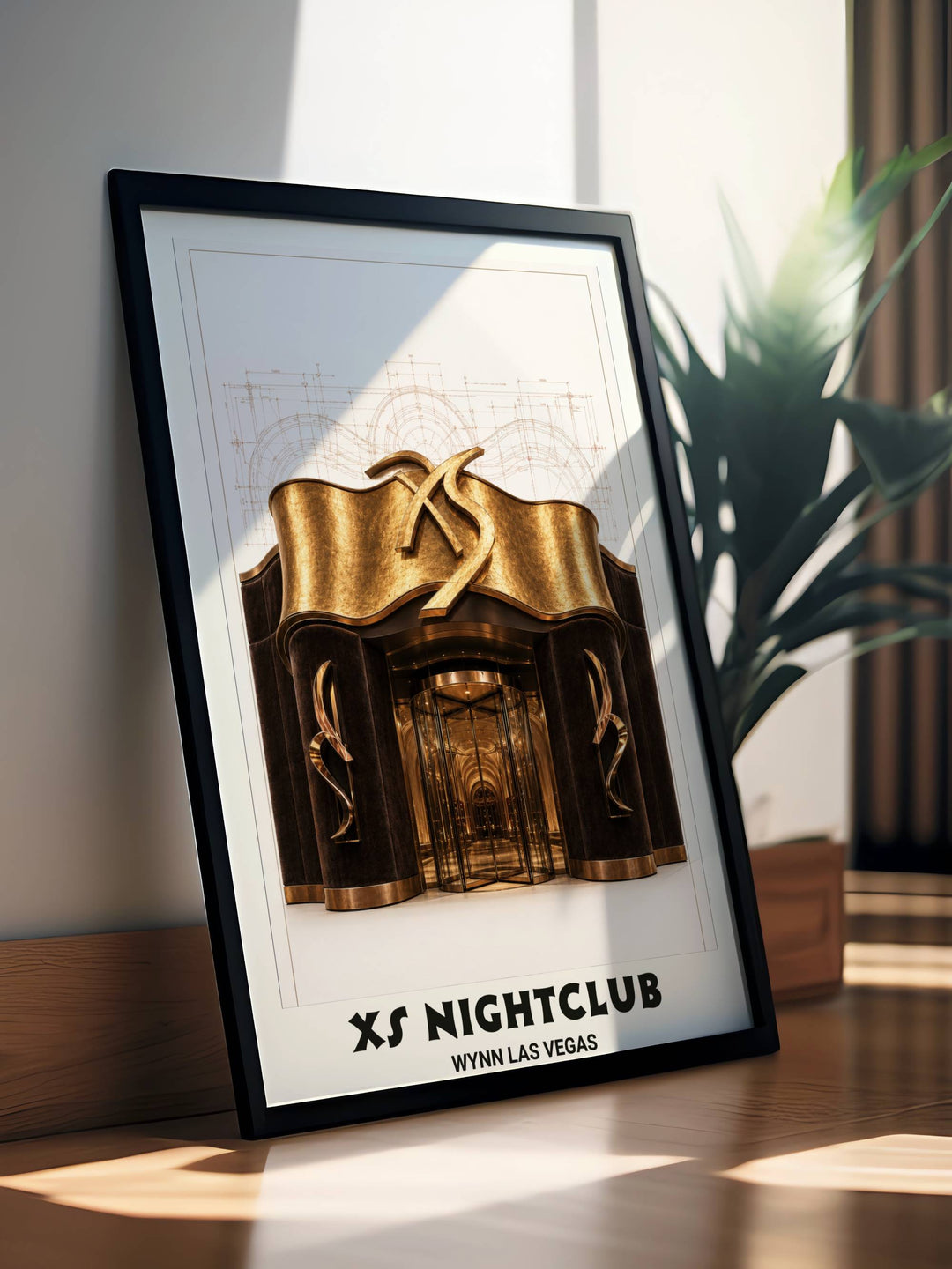 Fine-line rose gold blueprint art combined with a detailed architectural rendering of the famous XS Nightclub entrance.