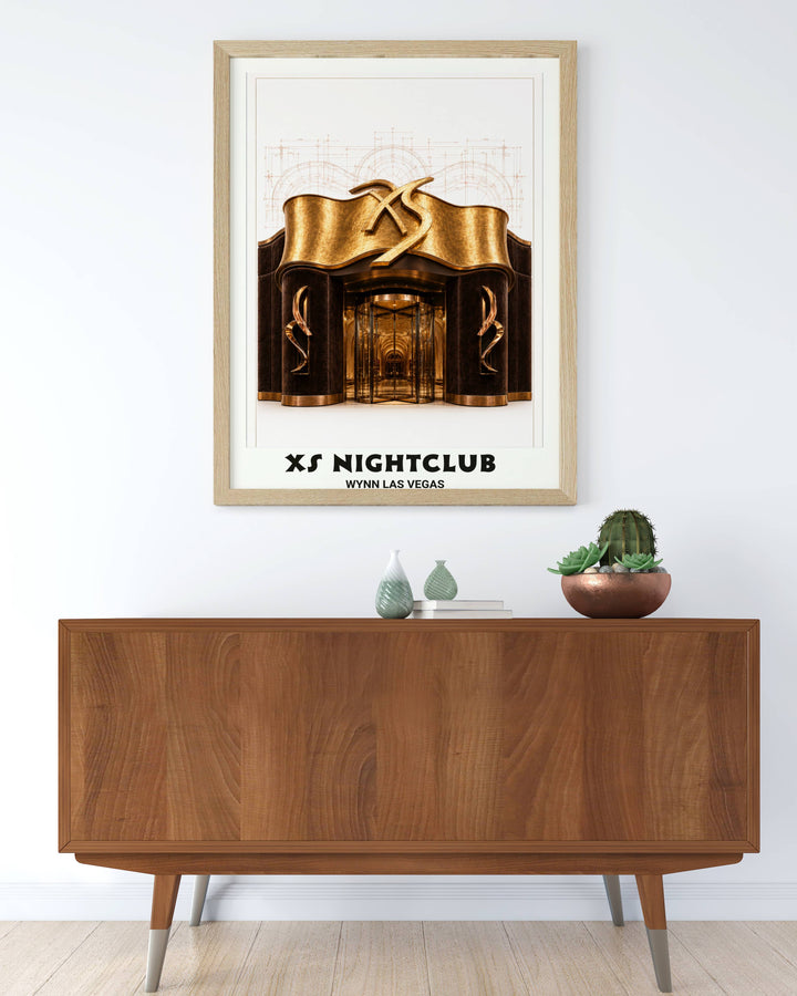 Elevate your space with the XS Las Vegas Entrance Architectural print showcasing brilliant metallic gold and rich textures.