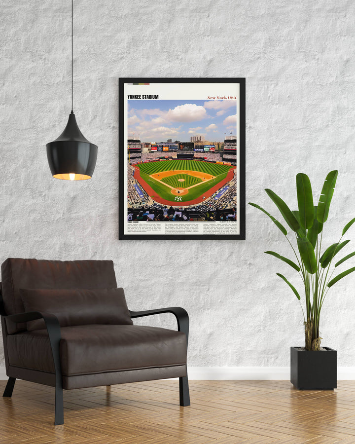 Panoramic Yankee Stadium print capturing a lively game day atmosphere, perfect for enhancing any sports fans living space.