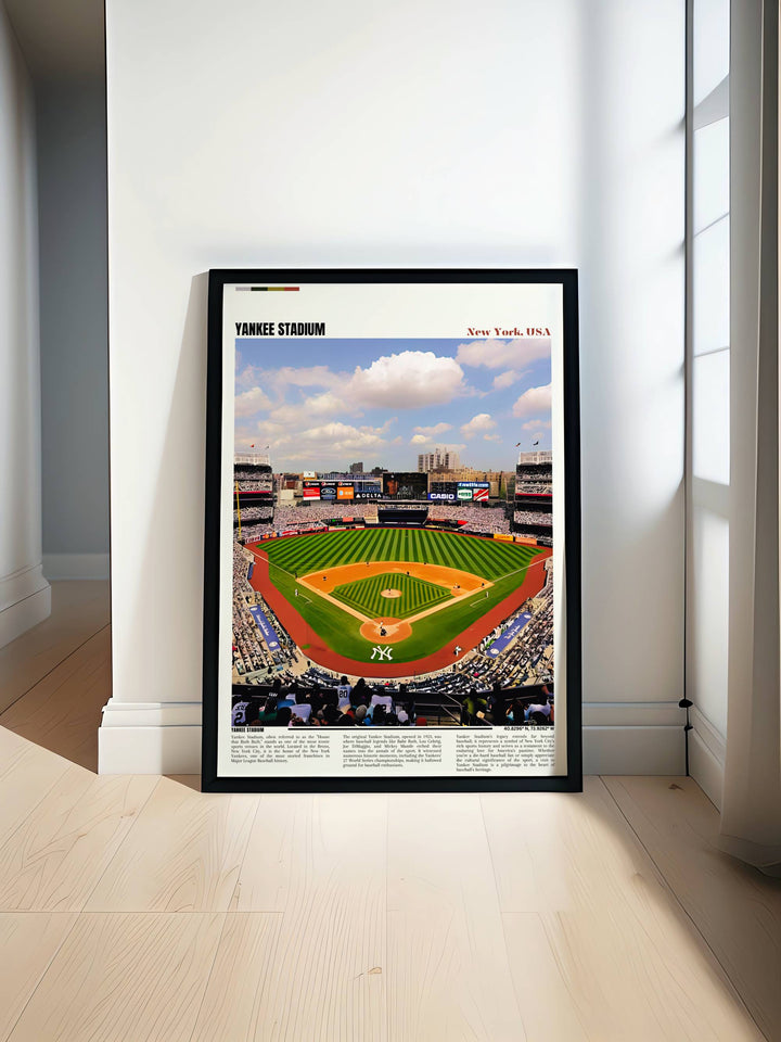 Vibrant aerial view print of Yankee Stadium filled with fans, adds color and excitement to any wall.