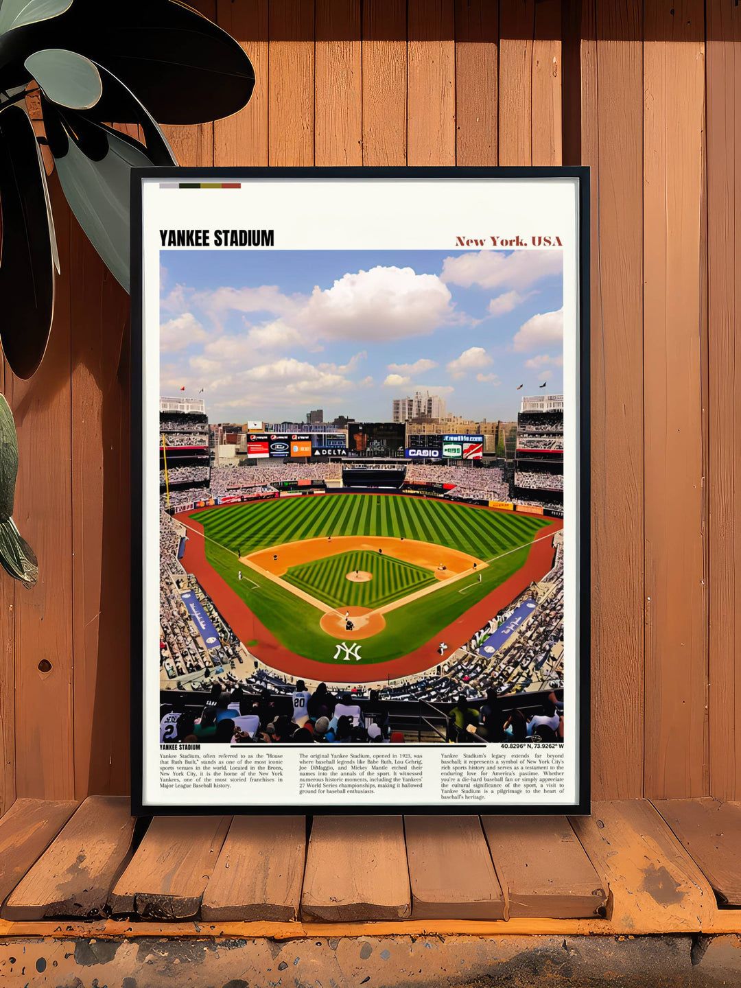 Artistic travel print of Yankee Stadium blending themes of travel and sports, ideal for adventurers and sports enthusiasts.