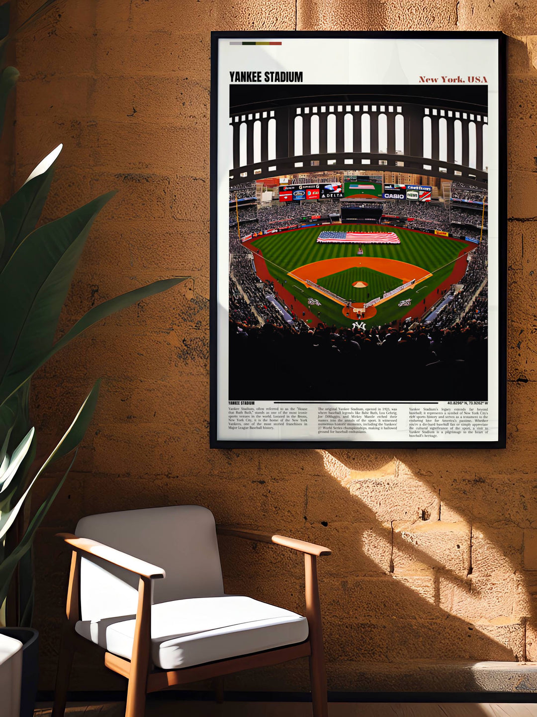 Nighttime aerial view print of Yankee Stadium, showcasing the glowing lights of the stadium, ideal for creating a focal point in any space.