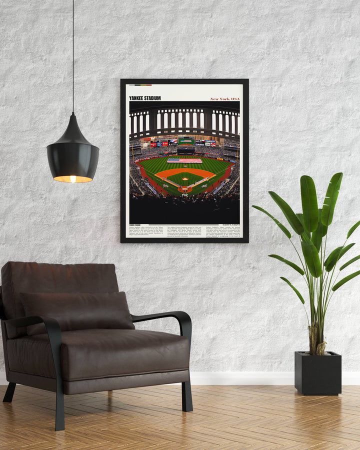 Elegant black and white art print of Yankee Stadiums interior, showcasing the detailed structure, suitable for sophisticated decor.