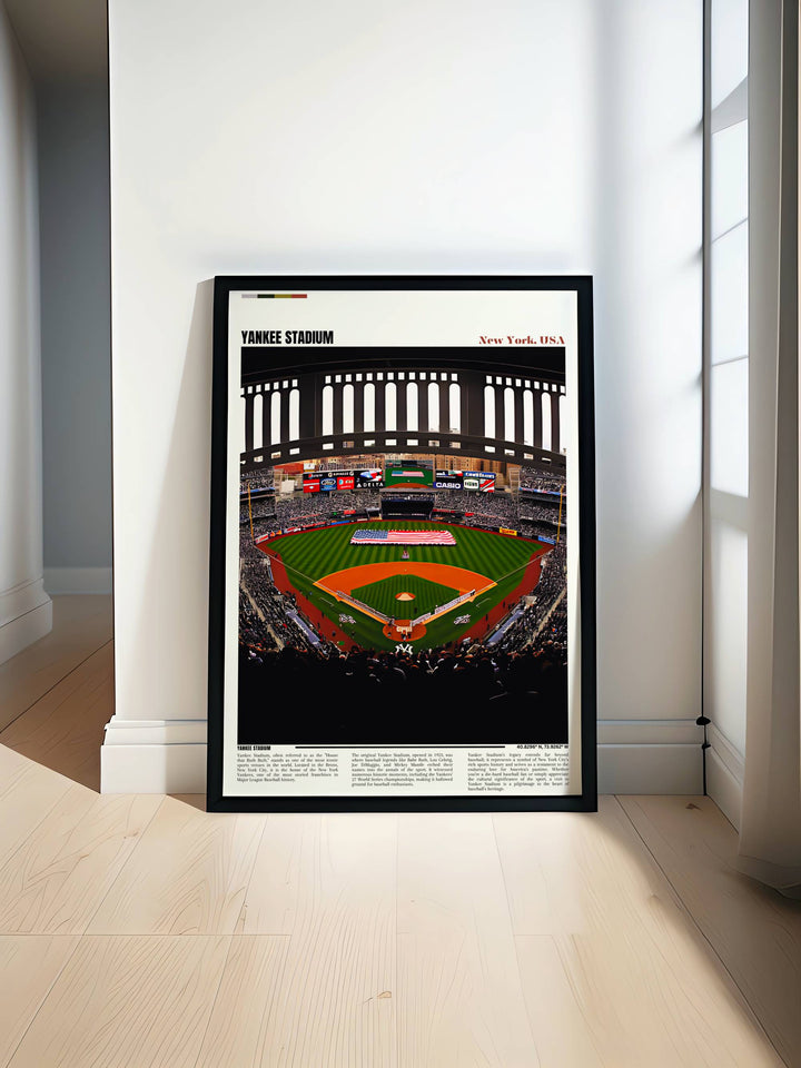Minimalist art print of Yankee Stadium focusing on geometric aspects of the architecture, perfect for modern aesthetic environments.