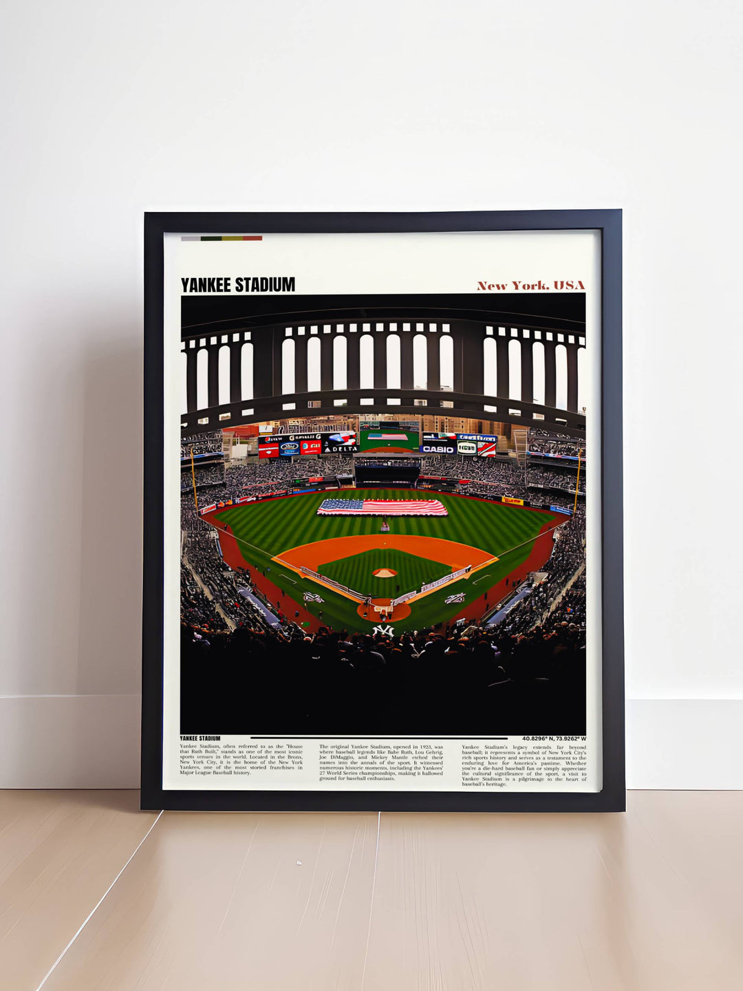 Classic poster of Yankee Stadium under a clear blue sky, a serene addition to any living space or office.