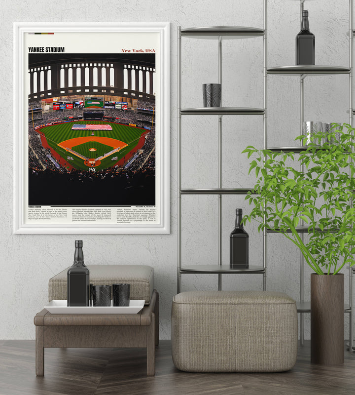 Panoramic view of Yankee Stadium filled with cheering fans during a sunset game, adding warmth and excitement to any room.