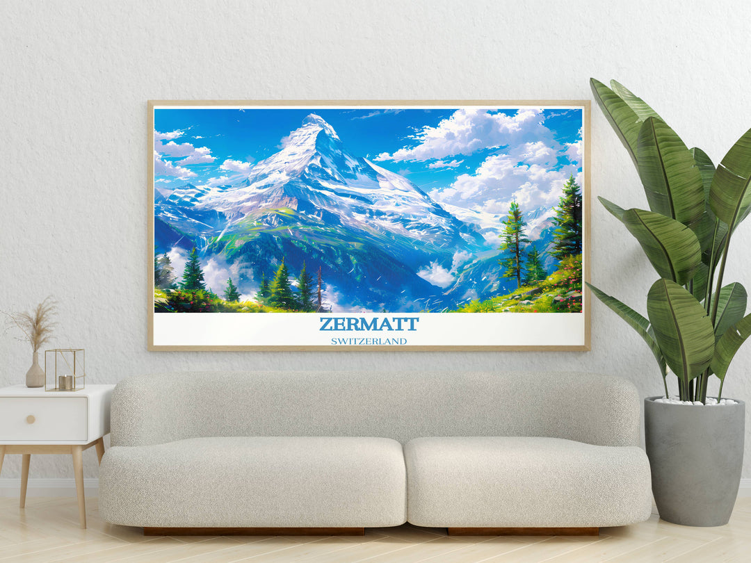 Zermatt travel poster featuring the Matterhorns dramatic scenery and the serene alpine village, a beautiful addition to any room and a celebration of winter adventure.