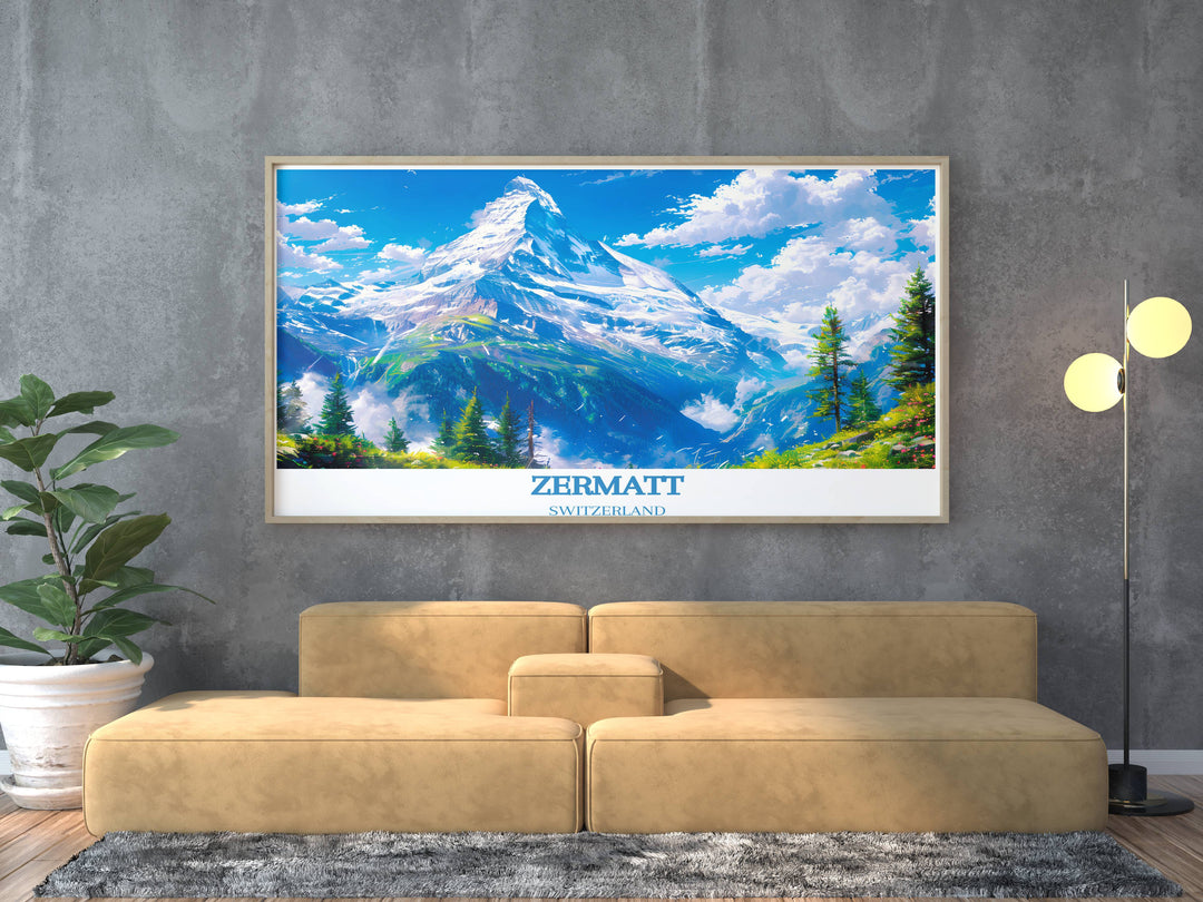 Exquisite Matterhorn home decor print illustrating the mountains distinctive pyramid shape and the picturesque charm of Zermatt, perfect for adding a touch of alpine beauty to your home.