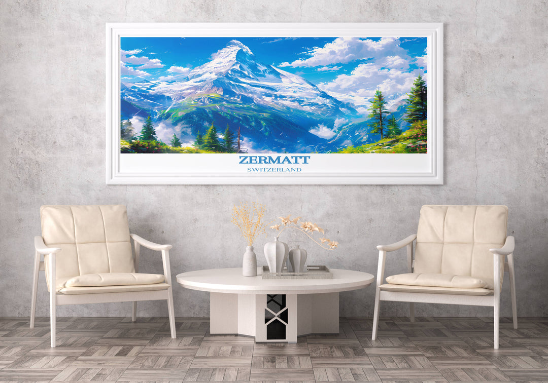 Scenic Zermatt Ski Resort art print depicting the pristine snow covered landscapes and iconic peaks, creating a tranquil and inspiring atmosphere in your living space.