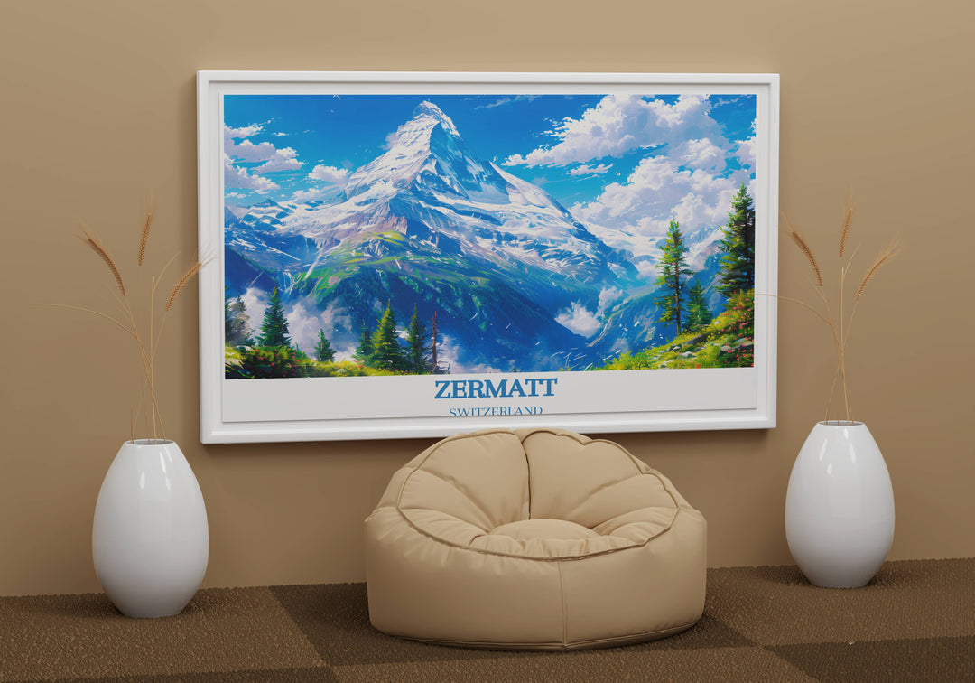 Beautiful Matterhorn framed art capturing the essence of the Swiss Alps and Zermatts alpine charm, making a thoughtful gift for skiing enthusiasts and nature lovers.
