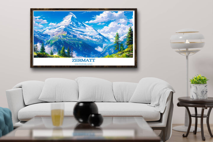 Zermatt Ski Resort travel poster capturing the spirit of adventure and the joy of skiing in the Swiss Alps, ideal for creating a travel themed gallery wall.