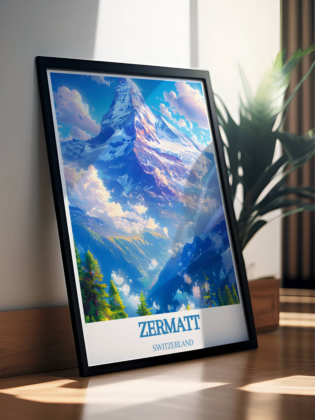 Captivating print of the Matterhorn and Zermatt Ski Resort, with intricate details and vibrant colors, bringing the Swiss Alps natural splendor into your living space.