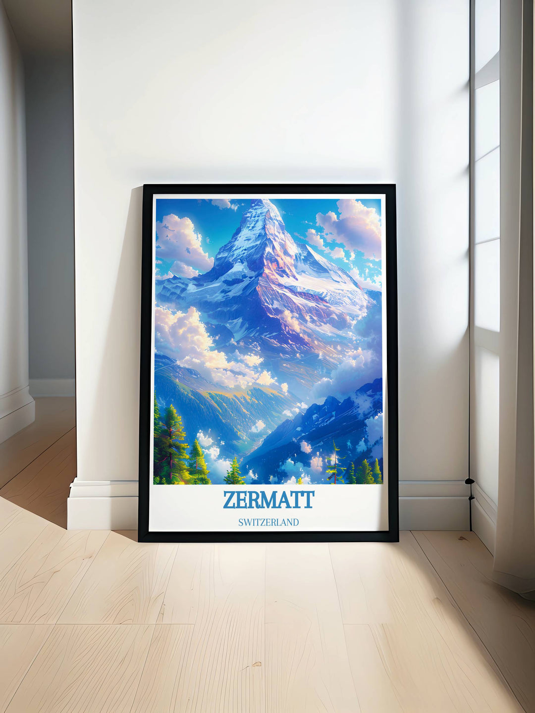 Vibrant poster of the Matterhorn, capturing its majestic peak and the serene winter wonderland of Zermatt, perfect for adding a touch of the Swiss Alps to your home decor.