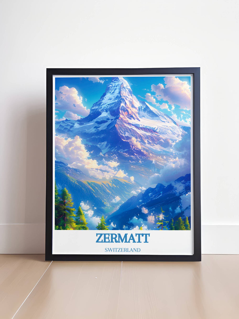 Detailed vintage art print of Zermatt Ski Resort, showcasing the iconic Matterhorn with a retro travel poster aesthetic, ideal for lovers of classic and elegant decor.