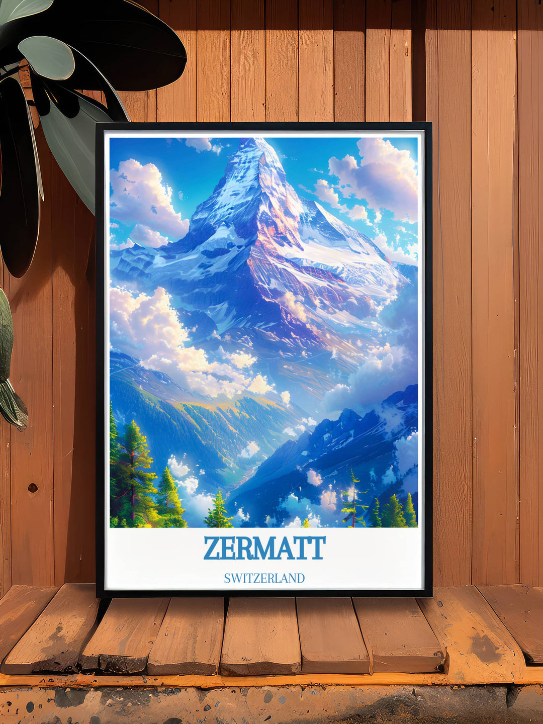 Stunning vintage poster of Zermatt Ski Resort, portraying the iconic Matterhorn and its surrounding landscapes, perfect for creating a nostalgic and sophisticated decor.