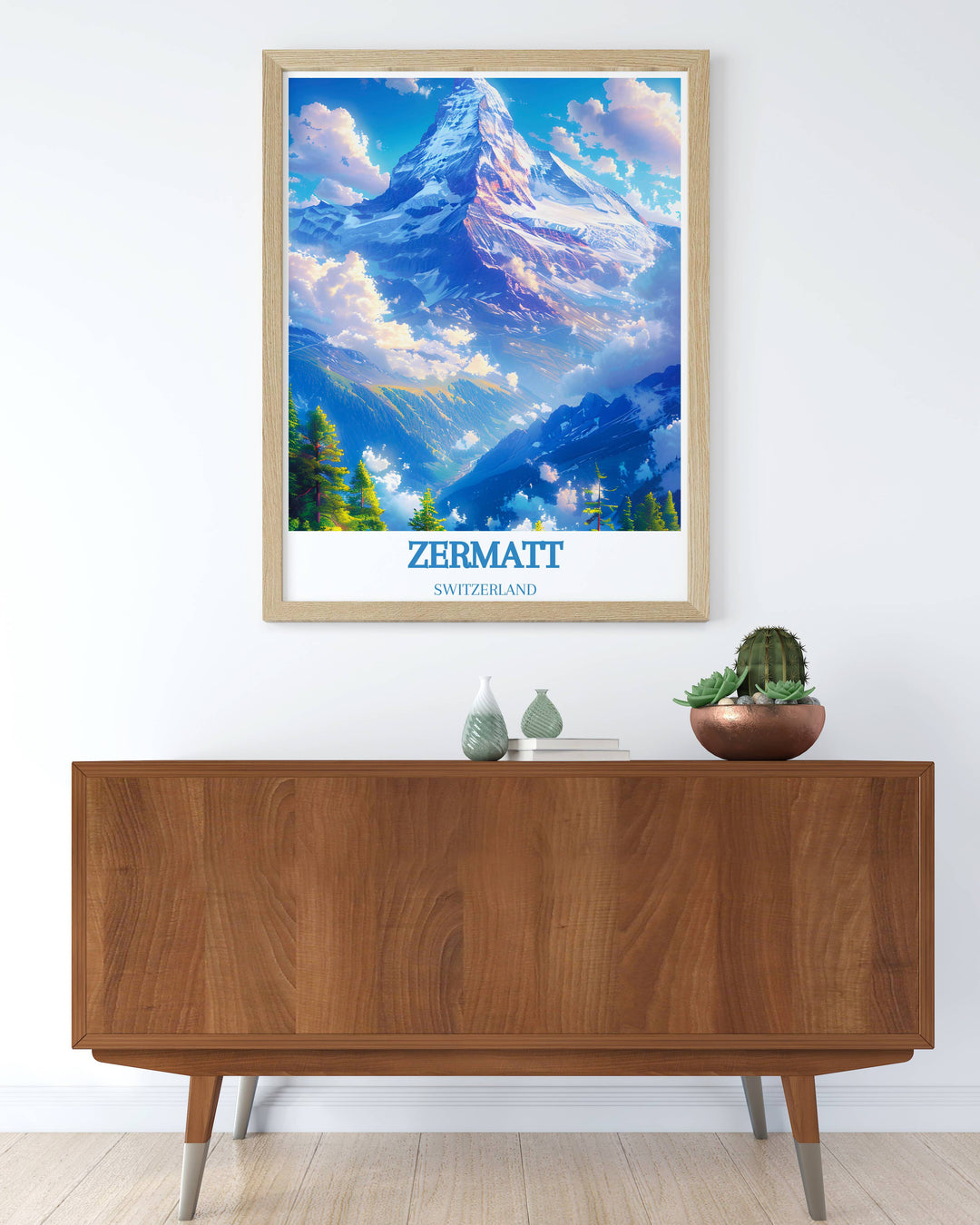 High quality framed print of the Matterhorn, highlighting its rugged beauty and the tranquil setting of Zermatt Ski Resort, a beautiful addition to your art collection.
