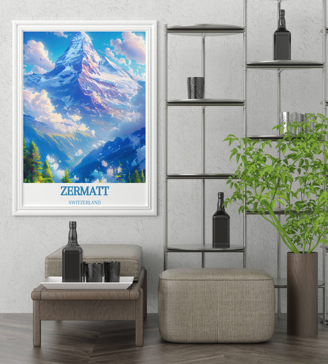 Elegant print of the Matterhorn, capturing its distinctive pyramid shape and the serene winter landscape of Zermatt, ideal for enhancing your home decor.