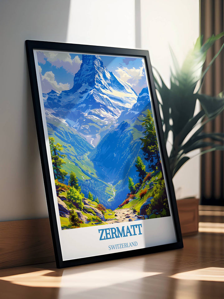 Elegant print of the Matterhorn, capturing its distinctive pyramid shape and the serene winter landscape of Zermatt, ideal for enhancing your home decor.