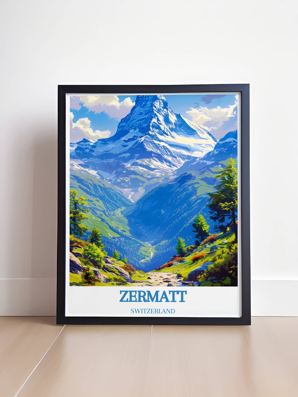 Detailed modern art print of Zermatt Ski Resort, showcasing the iconic Matterhorn with a sleek design, ideal for lovers of contemporary and elegant decor.