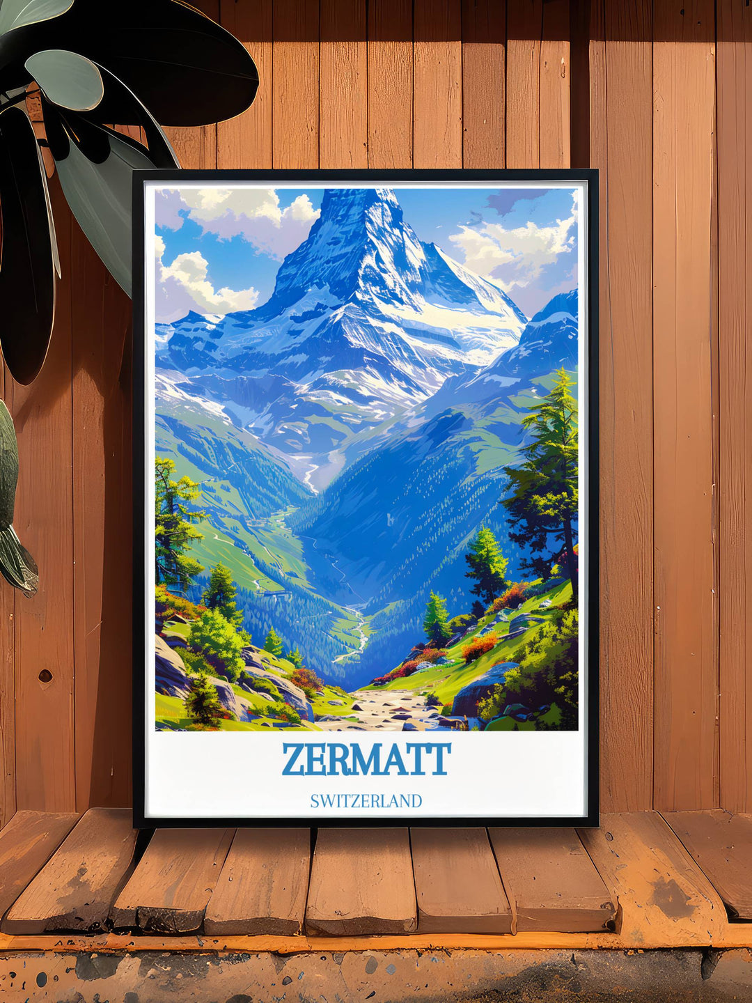Detailed art print of Zermatt village and the Matterhorn, showcasing the charm of the Swiss Alps and the spirit of adventure, perfect for any travel enthusiast.