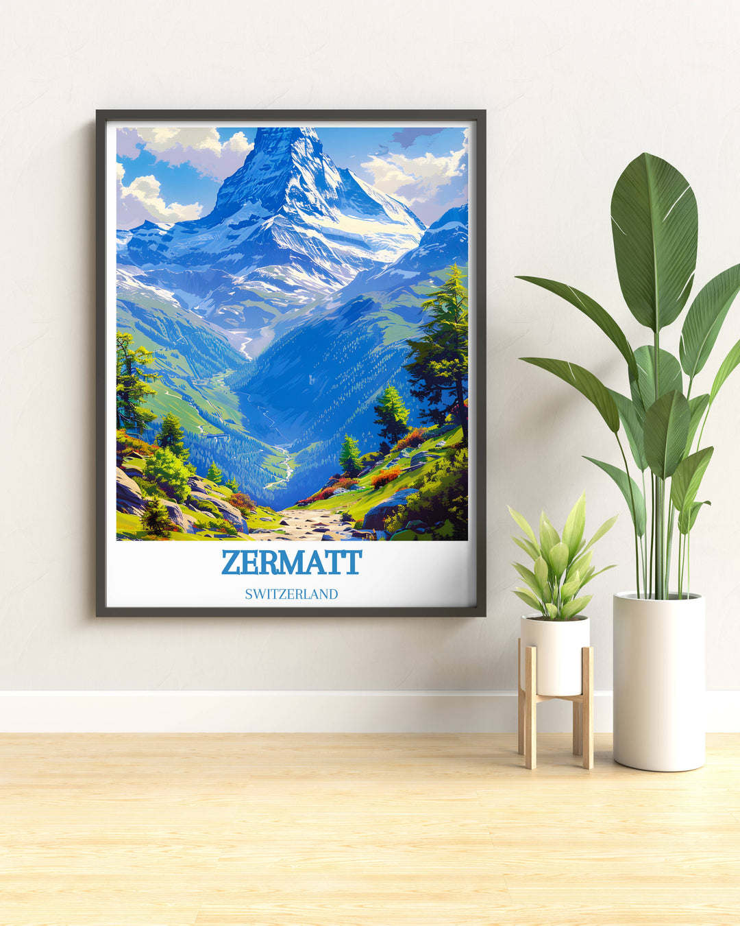 Beautiful framed art of the Matterhorn, highlighting the mountains rugged beauty and the picturesque charm of Zermatt village, a perfect addition to any room.