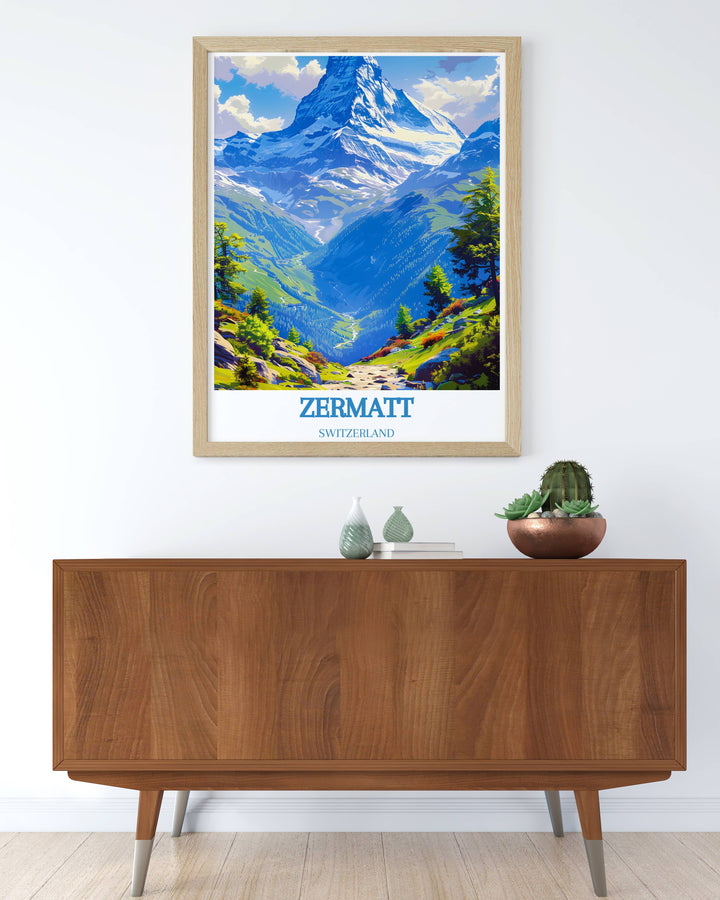 Captivating print of the Matterhorn and Zermatt Ski Resort, with intricate details and vibrant colors, bringing the Swiss Alps natural splendor into your living space.