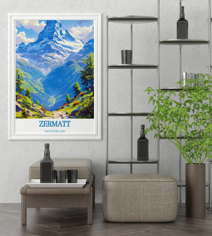 High quality poster of Zermatt, featuring the Matterhorn, designed to inspire adventurers and art lovers with its stunning visuals and timeless appeal.