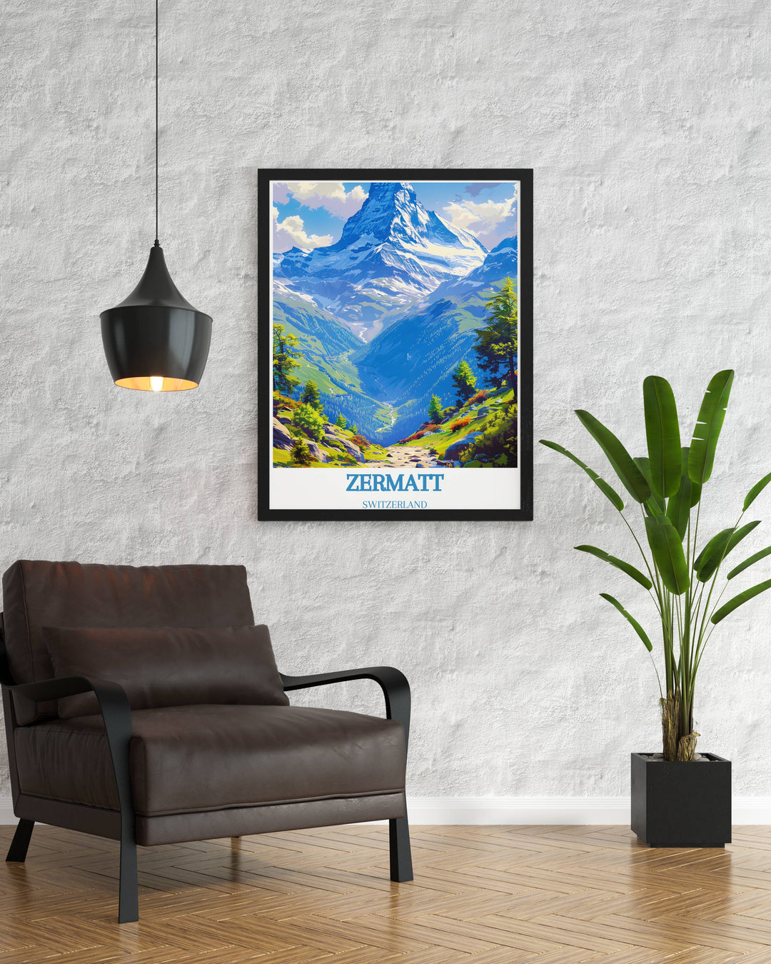 Stunning modern poster of Zermatt Ski Resort, portraying the iconic Matterhorn and its surrounding landscapes, perfect for creating a sleek and sophisticated decor.