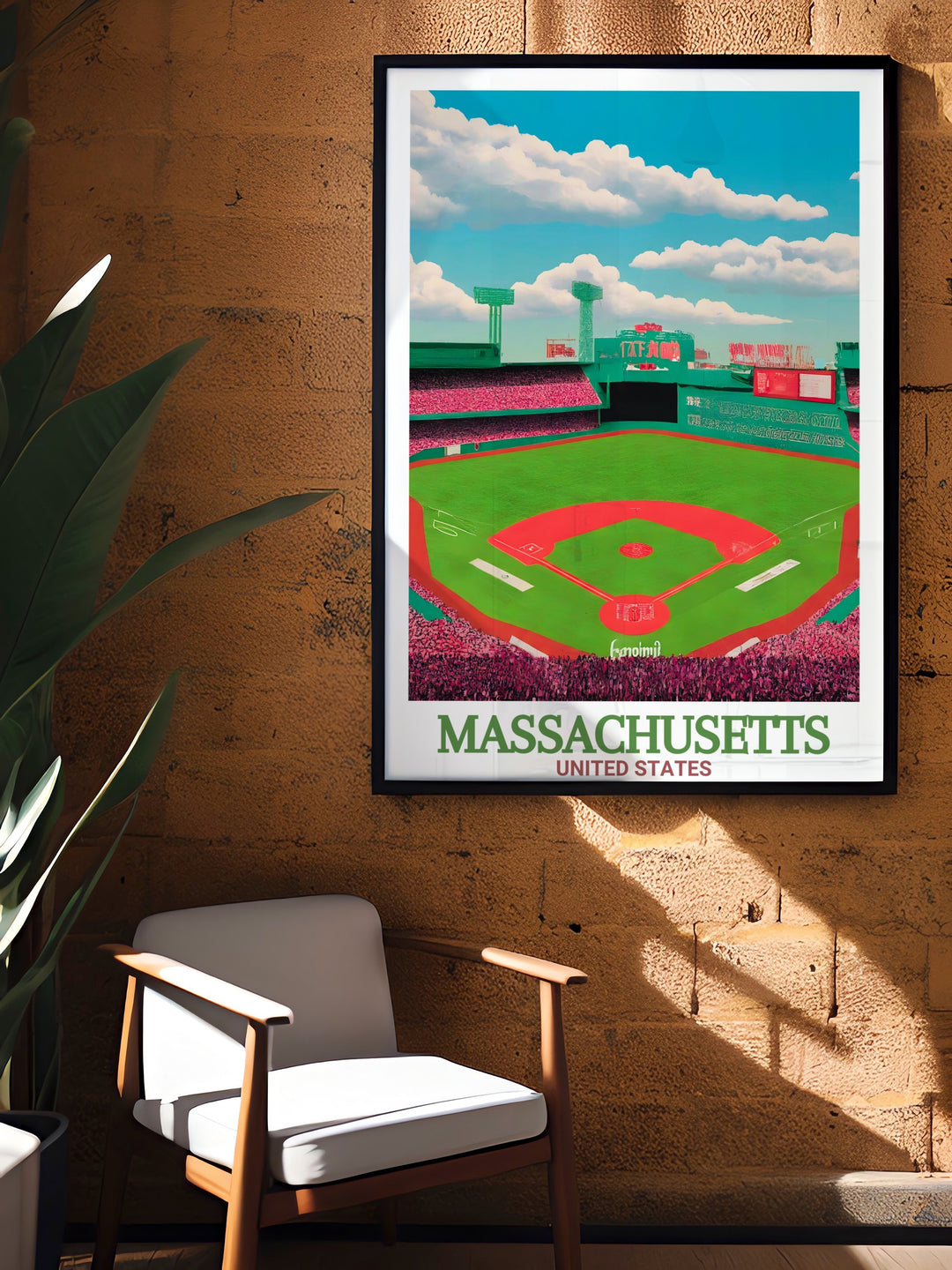 Massachusetts Travel Poster features Fenway Park and Springfields skyline, offering a detailed view of two important landmarks in the state. The vibrant colors and intricate design make this travel print a perfect addition to any room, whether youre a traveler or a local resident.